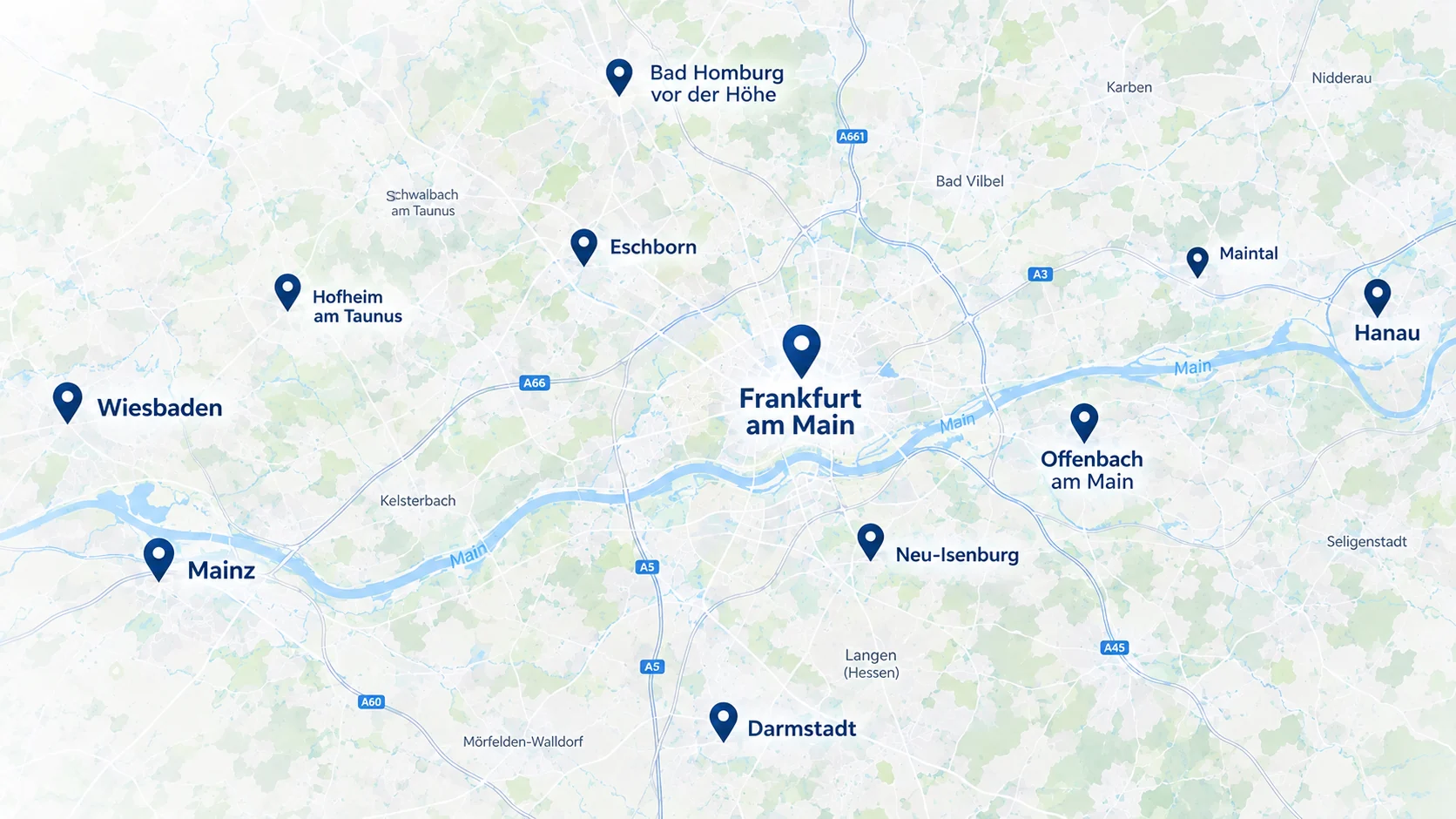 Karte des Einsatzgebiets von MK Umzüge: Frankfurt am Main und das Rhein-Main-Gebiet