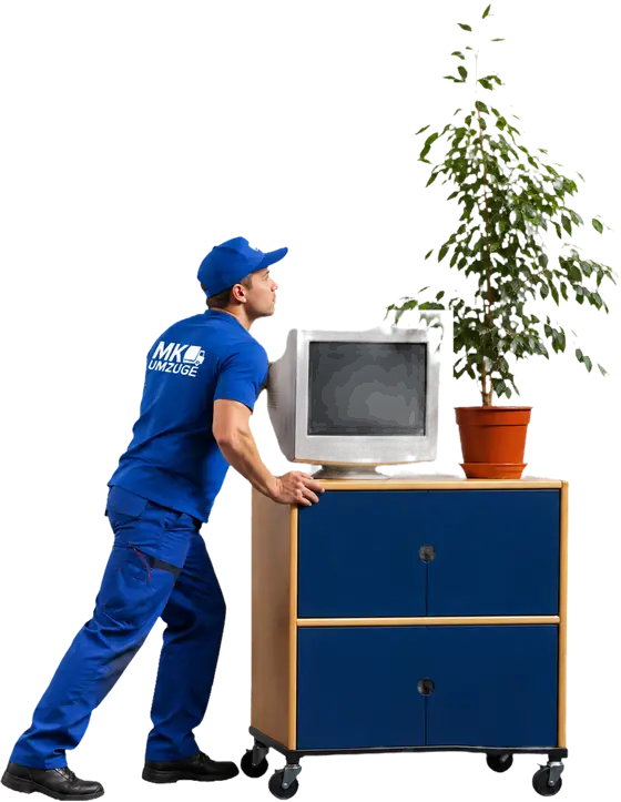 Mitarbeiter von MK Umzüge schiebt einen Büroschrank mit Monitor beim Büroumzug