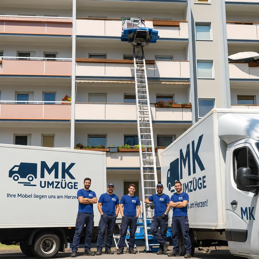 Das Team von MK Umzüge vor zwei Umzugswagen in Frankfurt